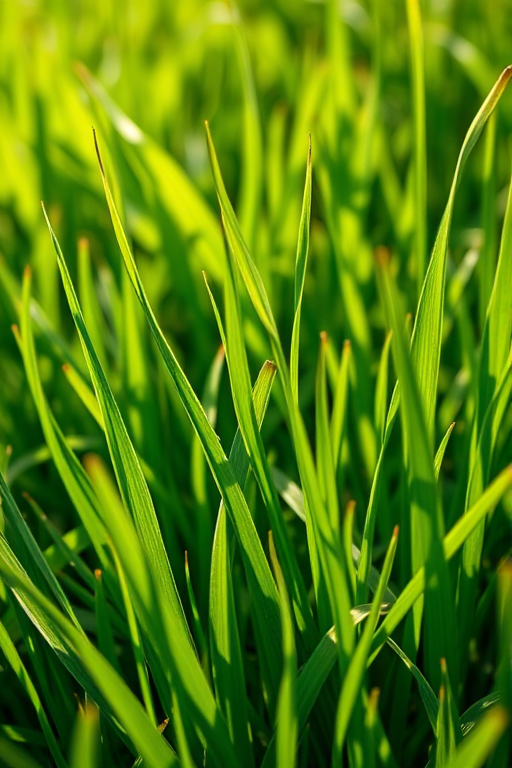Create a highly detailed illustration of lush green grass in a sunny setting, shot with a Canon EOS R5 at f/2.8, ISO 100, 1/200s, using a macro lens to capture intricate textures and colors, in a vibrant, natural style.