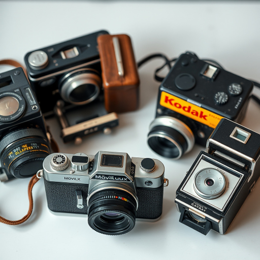 Capture a still life of vintage film cameras including a Movilux, a 16mm projector, and a Kodak box camera, with soft diffused lighting, shallow depth of field, shot at f/4, ISO 100, 1/60 sec using a DSLR camera with a 50mm lens from a top-down angle to enhance the textures and details.