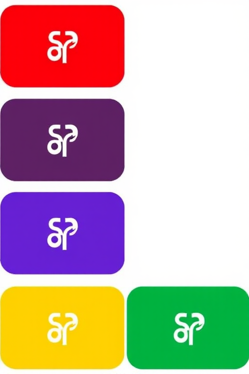 Create a vibrant, flat design featuring six rectangular icons in red, purple, brown, blue, yellow, and green arranged horizontally, with a white abstract symbol in the center of each icon, captured using a DSLR camera with a 50mm lens, aperture set to f/2.8, ISO 100, and soft lighting for a polished look.