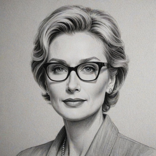 Gorgeous Jane Lynch, pencil sketch, portrait of Graceful woman 1956s in glasses, hair style beatnik, outline, clear lines, fine lines, 8k