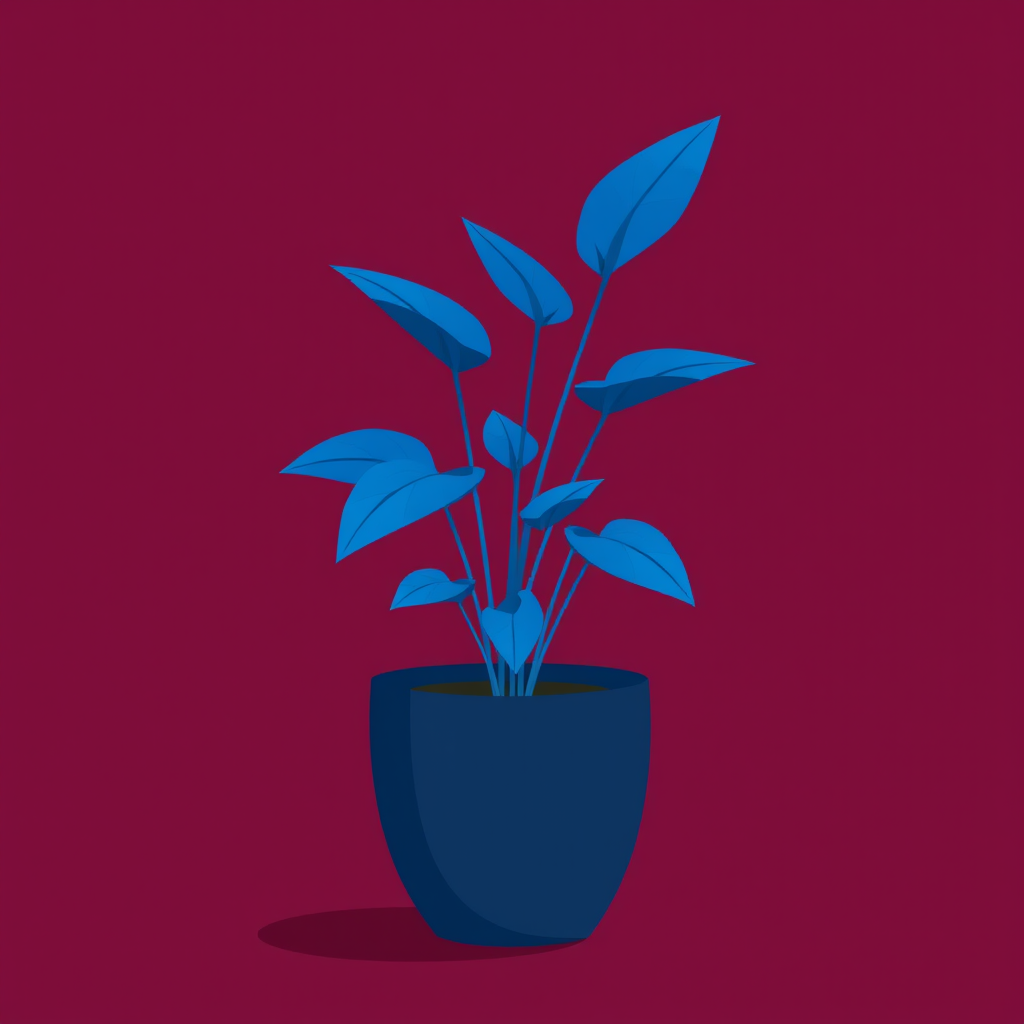 A minimalist illustration of a potted plant with vibrant blue leaves in a dark navy pot against a rich maroon background, captured with a Canon EOS R5, 50mm lens, f/1.8 aperture, ISO 100, soft focus style for enhanced visual quality and depth.
