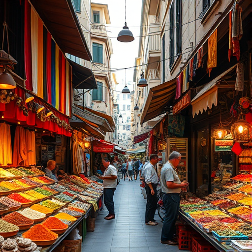 Crisp, clear image of a bustling outdoor market in a foreign city, rows of colorful spices, fabrics, and handcrafted goods on display, vendors chatting with customers, narrow alleyways leading to hidden cafes, strings of lights hanging overhead, the smell of street food wafting through the air.