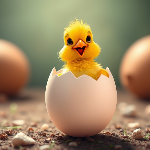 Generate a vibrant, high-resolution cartoon image of a chick breaking out of an egg, with a whimsical style, using a Canon EOS R5 camera, aperture set to f/4, ISO 100, at a 50mm focal length, capturing a playful perspective.
