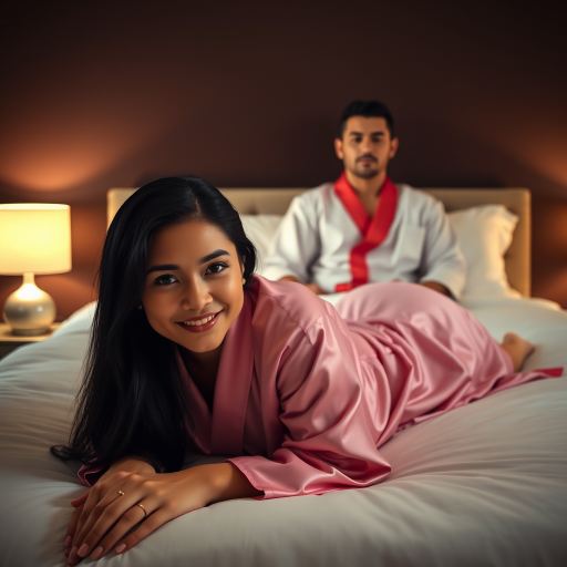 A man and a woman are lying on a bed in a dimly lit bedroom. The woman is in the foreground, lying on her stomach and looking directly at the viewer with a smile. She is wearing a pink silk robe and has long black hair. The man is sitting up in the background, looking directly at the viewer with a neutral expression. He is wearing a white silk robe with a red trim and has short black hair. The bed is white and has a white pillow at the head of the bed. There are two lamps on nightstands on either side of the bed, and the walls are a dark brown. The overall atmosphere is warm and inviting, with a soft focus on the subjects.