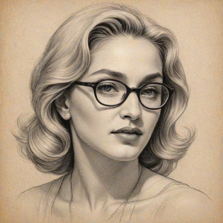 Enchanting Madonna, pencil sketch, portrait of Attractive woman 1955s in glasses, hair style beatnik, outline, clear lines, fine lines, 8k