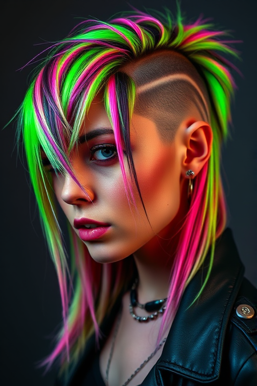 Edgy snapshot of a rocker with Neon Laser streaks, bright pink and green stripes in a long, straight cut with an asymmetrical side-shave