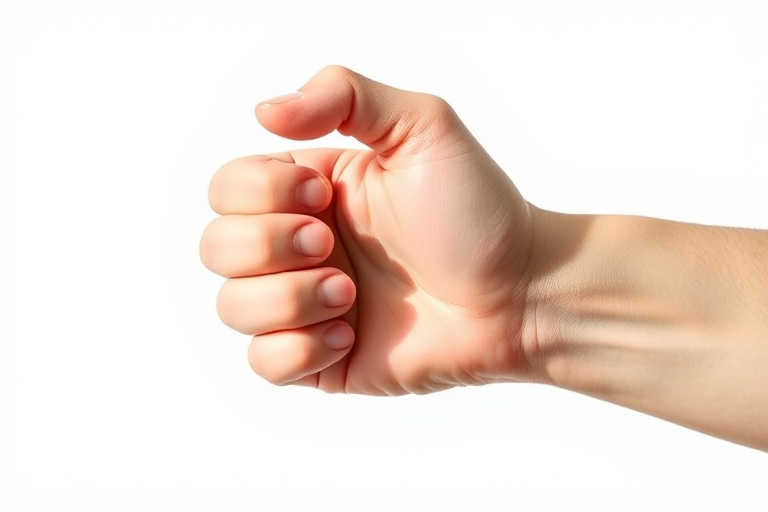 Create a high-resolution image of a stylized thumbs down hand gesture, captured with a DSLR camera at f/2.8 aperture, ISO 100, 50mm lens, in natural light, with a clean white background for contrast.