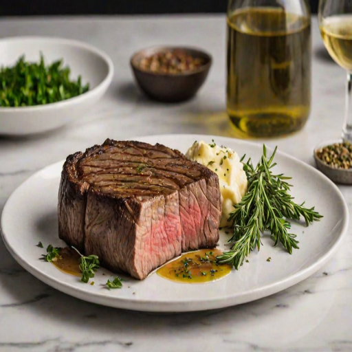 Create an image of a perfectly seared ribeye steak, resting on a white plate with a pat of melting butter on top. The steak is seasoned with fresh herbs like thyme and parsley, with glistening juices highlighting the texture of the meat. The background features a soft focus on a light, marble countertop, with a small dish of butter and an olive oil bottle in the distance. The overall mood should be warm and inviting, capturing the deliciousness and juiciness of the steak.