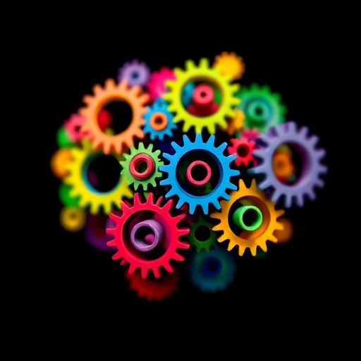 create an abstract image of colorful interlocking gears in a vibrant cluster with a black background, using a DSLR camera with a 50mm lens, aperture set to f/2.8, ISO 200, and a soft focus style for enhanced depth and brightness
