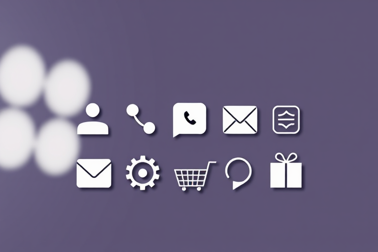 Create a high-quality vector image of a collection of communication and transaction icons including a video call, phone call, messaging chat bubble, email envelope, settings gear, shopping cart, and gift box, shot with a Canon EOS R5 camera at f/8 aperture, ISO 100, 24mm focal length, in a bright studio lighting setup.