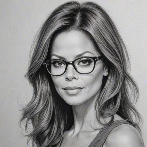 Bewitching Brooke Burke, pencil sketch, portrait of Enchanting woman 1927s in glasses, hair style beatnik, outline, clear lines, fine lines, 8k