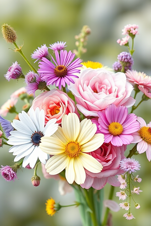 Create a high-resolution watercolor illustration of assorted flowers including purple asters, rose, white cosmos, yellow flowers, and pink blossoms, with a soft focus background, shot with a Canon EOS 5D Mark IV, 50mm lens, f/2.8 aperture, natural light, and in a portrait orientation.