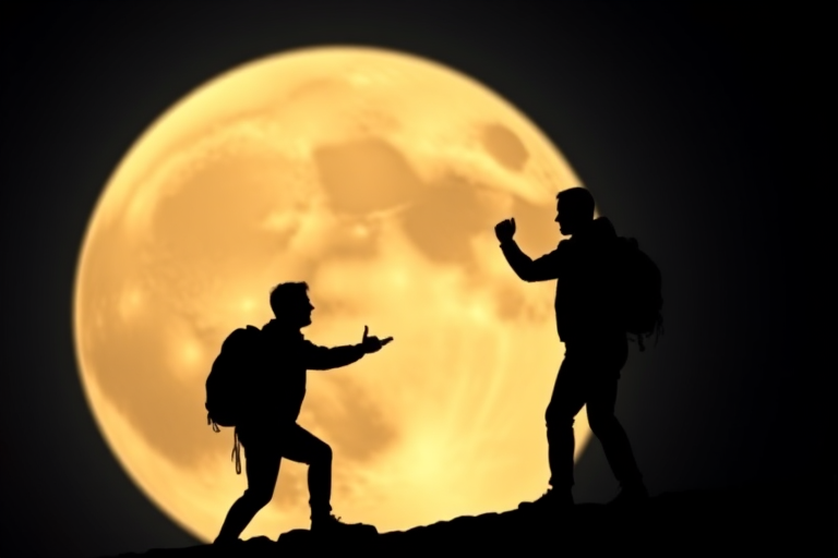 Create a silhouette image of two figures helping each other against a large moon backdrop, using a DSLR camera, 50mm lens, f/2.8 aperture, 1/60s shutter speed, and set in portrait mode for a dramatic effect.