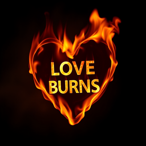 Create an image of a heart made of flames with the text "LOVE BURNS" integrated into the fire, shot with a Canon EOS R5, 50mm lens, aperture f/1.8, shutter speed 1/200s, ISO 100, captured in a dramatic low-light setting with a slight tilt angle for artistic flair.