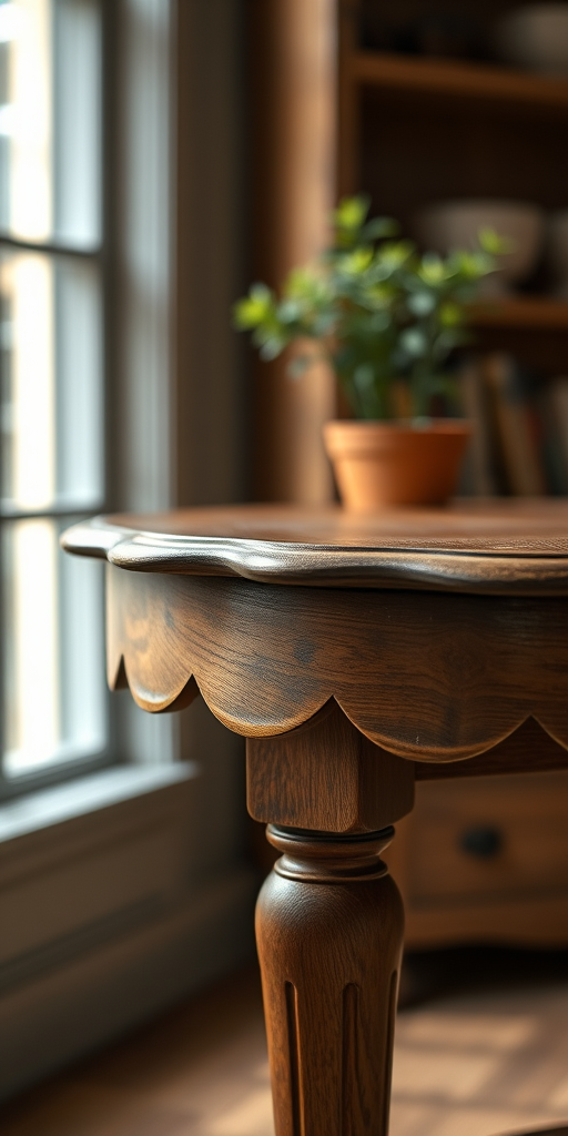 create a hyper-realistic image of a vintage wooden table with a scalloped edge, using a DSLR camera with a 50mm lens, f/2.8 aperture, 1/200s shutter speed, ISO 100, in soft natural light from a nearby window, with a focus on texture and detail.