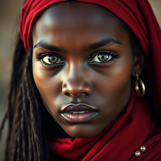 Create a portrait of a young Zulu woman with long, dark hair and captivating hazel eyes. She is wearing a red headscarf and a matching scarf draped gracefully around her neck. The background is softly blurred, focusing attention on her serene and natural expression. The overall color palette is muted and warm, enhancing the intimate and authentic feel of the portrait.