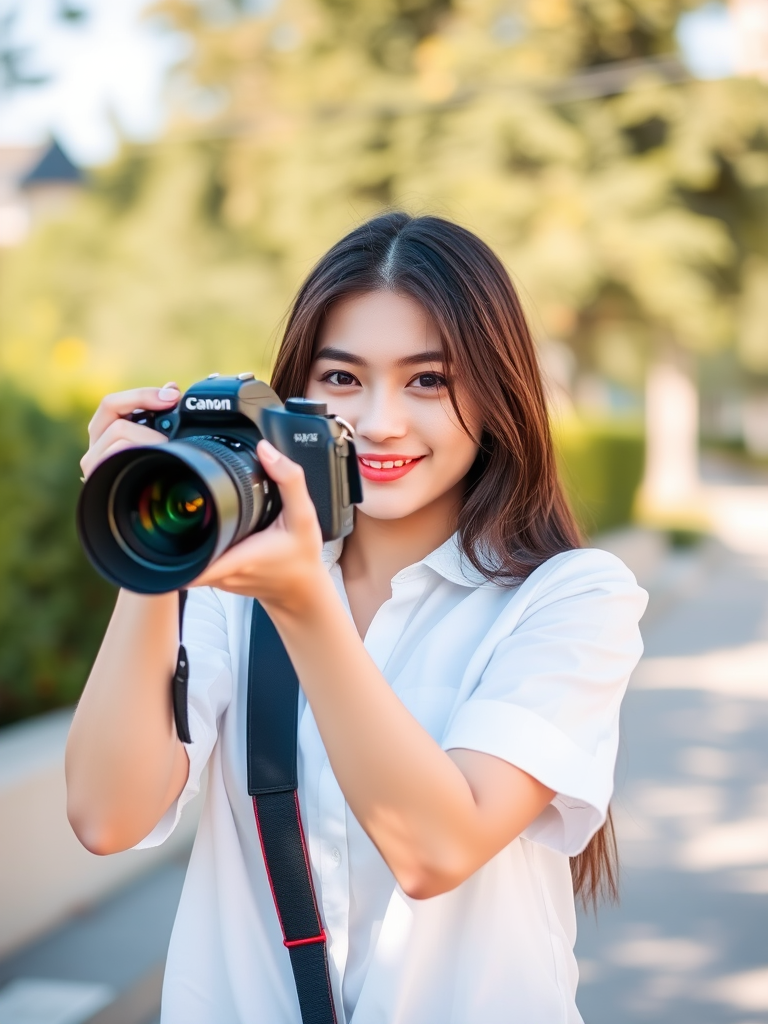 A young woman in a white shirt taking a photo with a camera in a sunny outdoor setting, blurred background, natural light, aperture f/2.8, shutter speed 1/200, ISO 100, portrait view, DSLR camera, soft focus effect.