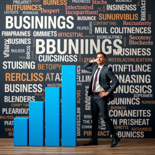 Create an infographic-style image of a businessman lifting a large blue bar chart against a background of various business-related keywords, using a Canon EOS R5, 50mm lens, f/2.8 aperture, ISO 100, and a slight vignette effect for a polished look.