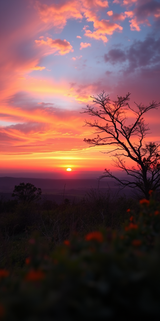 Create a high-resolution image of a serene landscape at sunrise with vibrant colors, using a wide-angle lens at f/8, ISO 200, 1/250 sec, shot from a low angle to capture the foreground details, using a full-frame DSLR camera.