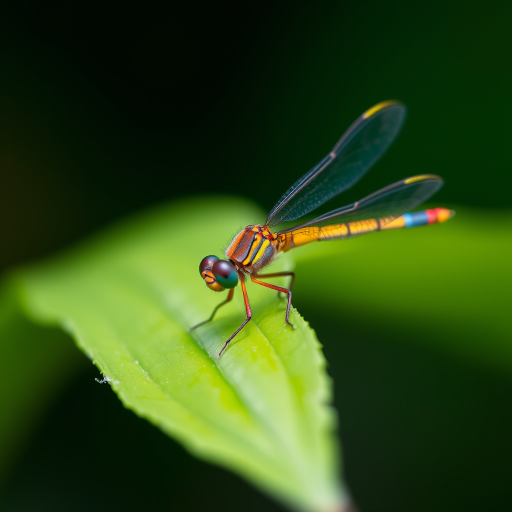 macro photograph of a dragonfly resting on a green leaf, with vivid colors and sharp focus, ISO 100, f/2.8 aperture, 1/250s shutter speed, taken with a DSLR camera using a 100mm macro lens, natural light, shallow depth of field