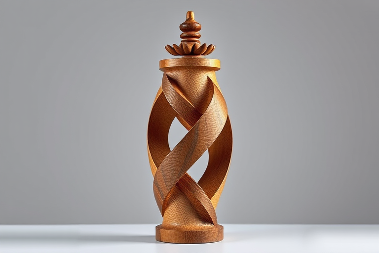 Generate a high-resolution image of a stylized, intricately designed wooden sculpture featuring a zigzag pattern and decorative top, captured with a DSLR camera at f/8 aperture, ISO 100, 50mm lens, in a well-lit studio environment with a focus on sharp details and vibrant colors.