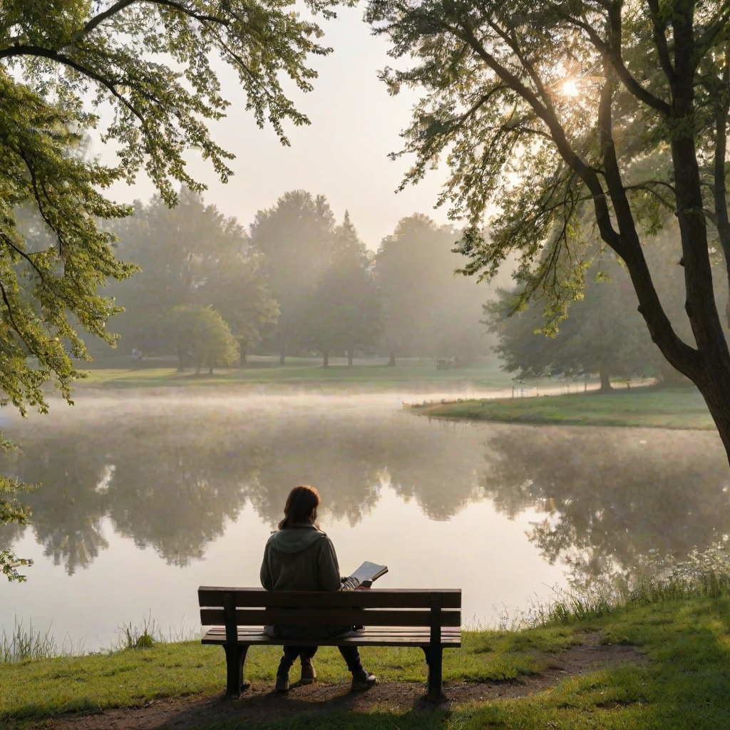 Quiet park in the early morning, mist rising off a nearby pond, a woman sits on a bench with a journal, the peacefulness of the moment mirrored in her calm expression.