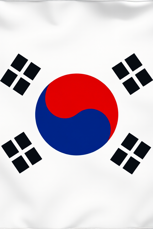 Create an image of the South Korean flag featuring a bold circular yin-yang symbol in the center, with red and blue sections, surrounded by four black striped taeguk patterns, shot with a DSLR camera at f/8 aperture, 50mm lens, ISO 100, natural lighting, straight-on view for clarity and detail.