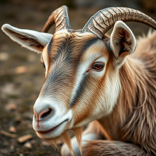 a close-up photograph of a resting goat with soft focus, taken with a Canon EOS R5, 50mm f/1.2 lens, aperture f/2.8, ISO 100, natural light, shallow depth of field to highlight the textures of the fur and the peaceful expression