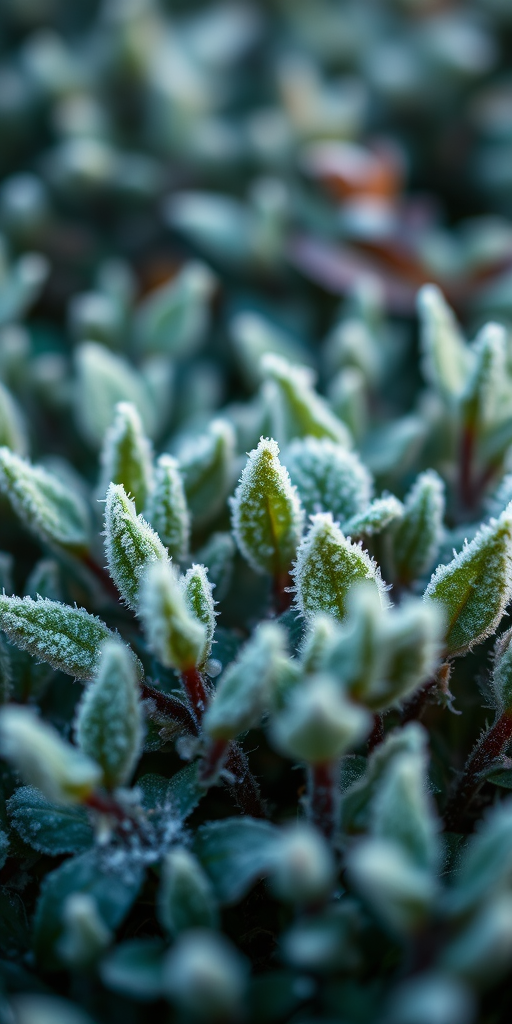 macro shot of frosty green foliage with depth of field, f/2.8 aperture, 50mm lens, ISO 100, soft natural lighting, DSLR camera.