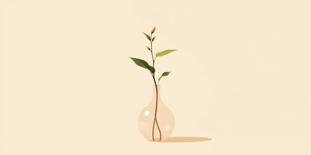 Create an illustration of a minimalist vase with a single surreal stylized plant, using soft muted colors, with a light beige background, shot with a 50mm lens at f/2.8 for shallow depth of field, using a digital illustration style.