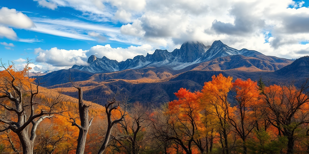Generate a landscape image of a mountainous area with a foreground of gnarled trees, showcasing vibrant autumn colors, with a clear blue sky and dramatic clouds, shot with a DSLR camera at ISO 100, aperture f/8, shutter speed 1/125s, in landscape mode, with a wide-angle lens to capture the expansive view and enhance depth of field.