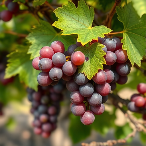Create a highly detailed illustration of a grapevine with clusters of grapes, using a macro lens for close-up detail, aperture set to f/2.8 for a shallow depth of field, natural lighting to enhance the textures, and a DSLR camera for superior image quality.