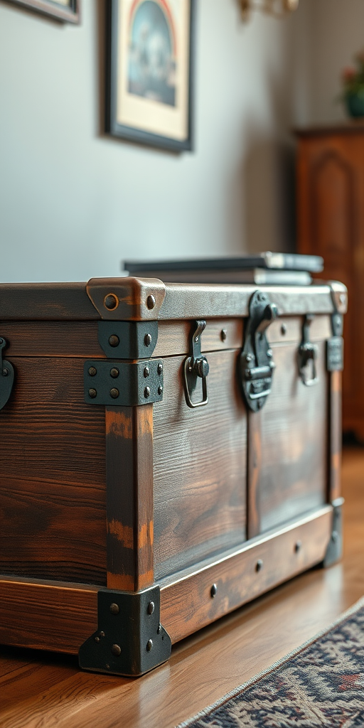 Capture a wooden chest with metal accents and vintage styling in a well-lit environment using a Canon EOS R5 with a 50mm lens at f/1.8, ISO 100, shutter speed 1/125s, and a side angle view, showcasing intricate details and textures.