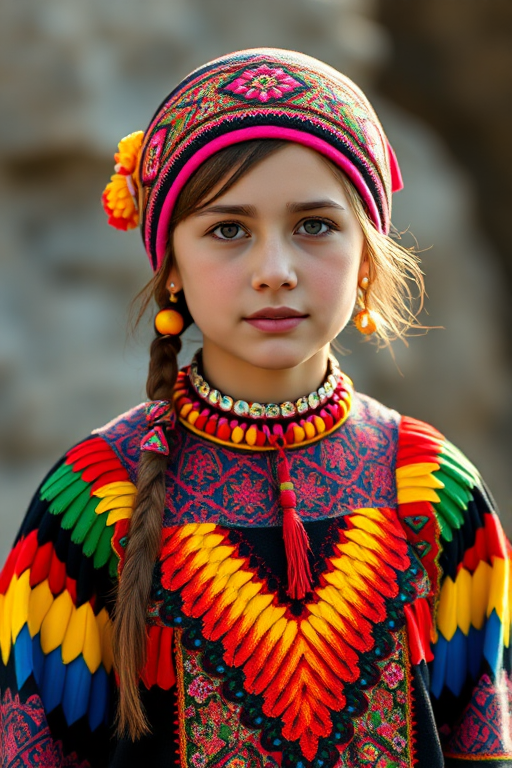 A beautiful Uzbek girl, wearing colorful bird clothing with vibrant colors