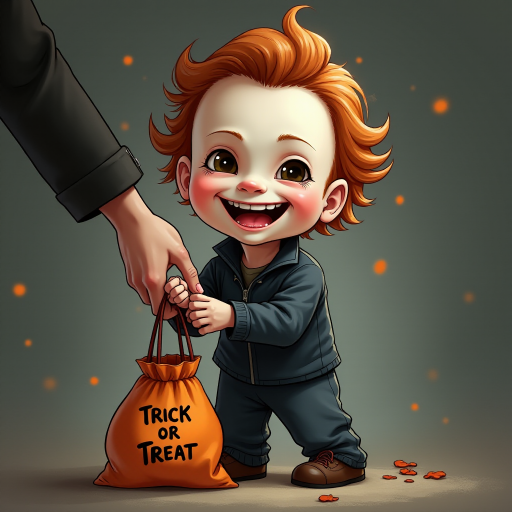 A whimsical caricature of a child version of Michael Myers, grinning mischievously. He is held by the hand of an unrecognizable person (only their hand visible), while holding a bag labeled 'Trick or Treat.' His facial expression is playful yet slightly menacing, reflecting his iconic figure. The scene is in portrait format with a Halloween theme, featuring exaggerated cartoon details like big eyes, a small body, and a creepy yet light-hearted tone.