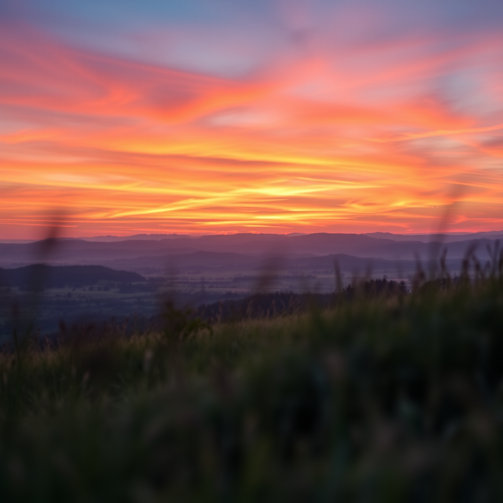 Generate a high-resolution image of a serene landscape at sunset with vibrant colors, using a Canon EOS R5 camera, 50mm lens, aperture f/1.8, ISO 200, shutter speed 1/100 sec, in landscape orientation, with a focus on foreground detail and a shallow depth of field.
