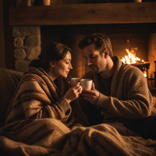 Warm, softly lit image of a couple sitting by a fireplace, wrapped in blankets and sipping hot tea, soft glow from the flames casting warm shadows on their faces, with the smell of burning wood filling the air.