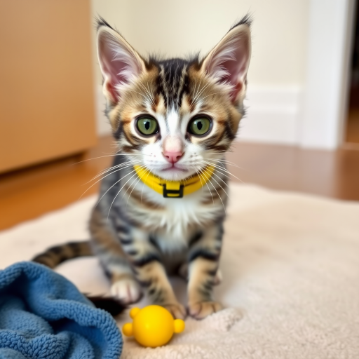 Cute cat with gray and white fur wearing a yellow collar sitting on a soft mat with a blue towel and a yellow toy nearby, looking directly at the camera with a playful expression.