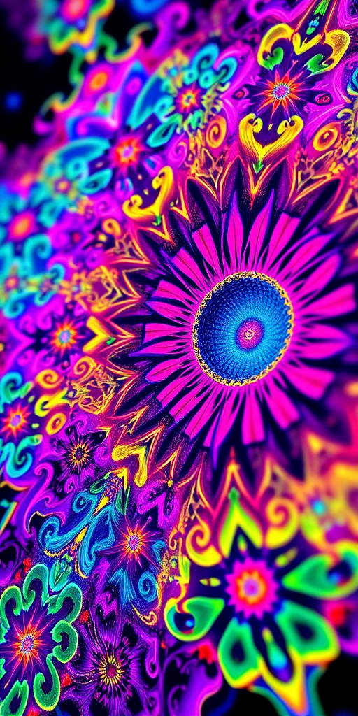 create a vibrant fractal art image with intricate patterns and bright neon colors, using a Canon EOS 5D Mark IV, f/8 aperture, ISO 100, 24mm focal length, capture in macro view to enhance detail and texture
