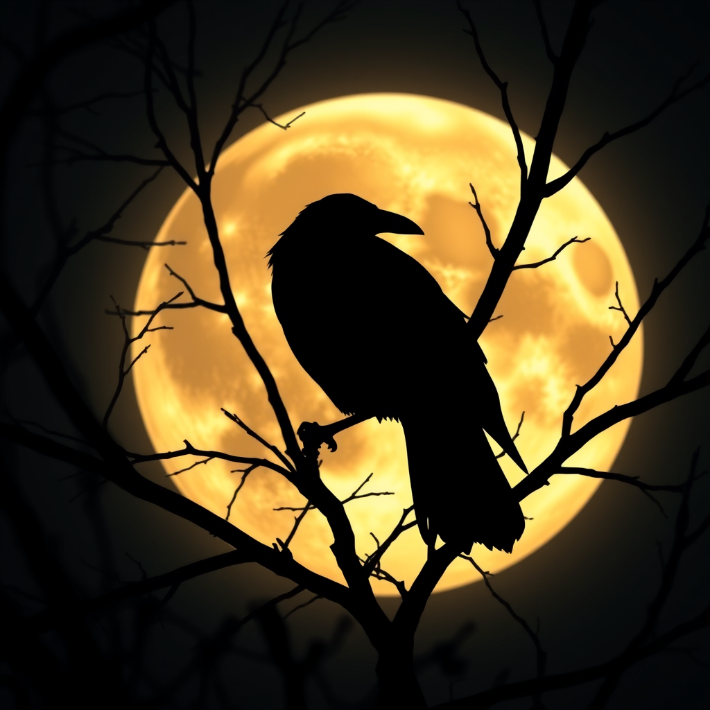 A fantastical photo featuring the silhouette of a crow perched on the branches of a tree, set against the backdrop of a large, luminous moon. Incorporate fantasy elements into the posture of the crow and the shape of the branches, depicting a mysterious scene illuminated by the moonlight on a tranquil night. Use warm tones to enhance the cozy atmosphere of this enchanting and elegant scene. insanely detailed, High contrast and low saturation.