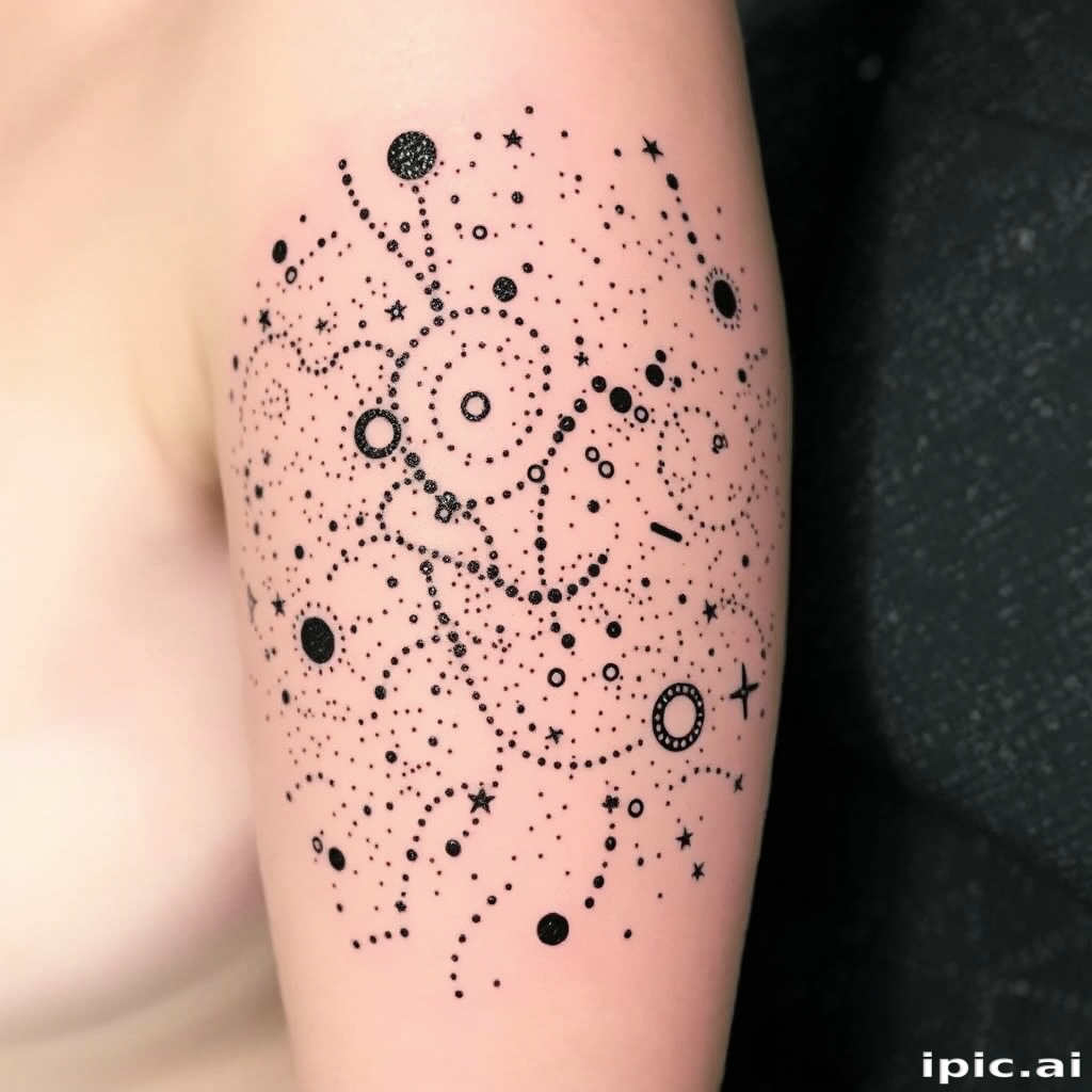 Dotwork tattoo "Celestial Whispers" depicting a dreamy night sky filled with constellations and galaxies, created entirely with meticulously placed black ink dots of varying sizes and densities