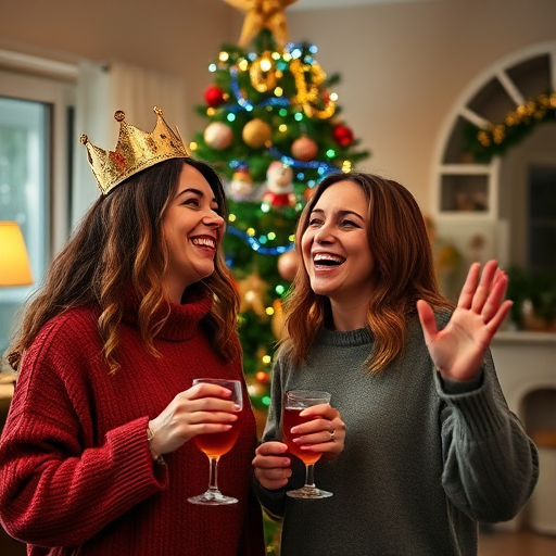 A joyful indoor holiday scene with two women celebrating in front of a decorated Christmas tree, one wearing a golden crown and holding a drink, captured with a Canon EOS R5, 50mm lens, f/1.8 aperture, ISO 400, 1/60 sec shutter speed, soft warm lighting for a cozy atmosphere.