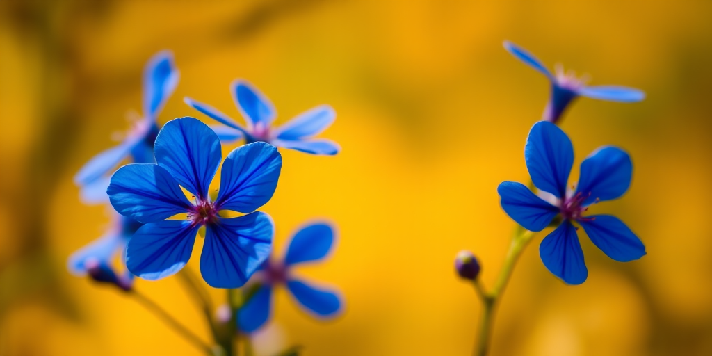 photograph of vibrant blue flowers with a soft golden background, macro lens, aperture f/2.8, ISO 100, shutter speed 1/200s, natural lighting, taken with a DSLR camera, shallow depth of field