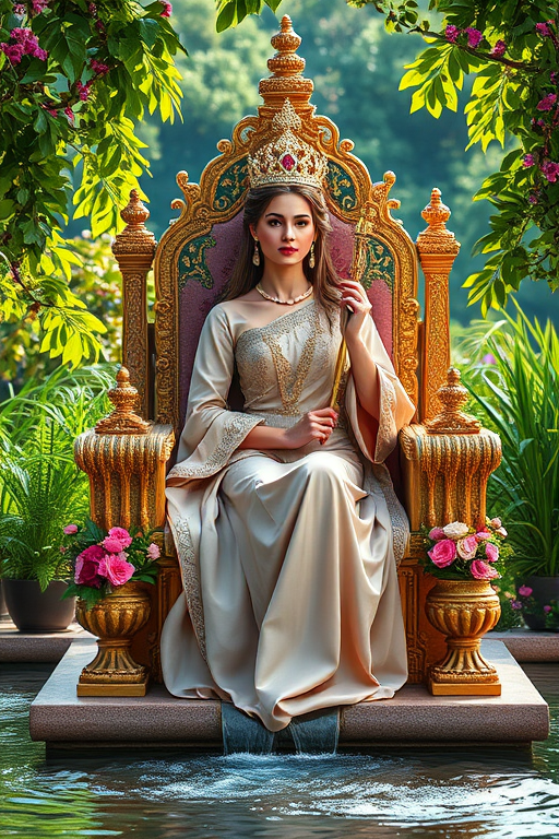 Create an image of a regal woman sitting on a throne adorned with flowers, holding a scepter, surrounded by lush greenery and flowing water, captured with a DSLR camera at f/2.8 aperture, 50mm lens, natural lighting, and vibrant colors.