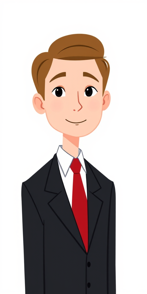 Create a high-quality vector image of a simple, stylized businessperson with light brown hair, a black suit, and a red tie, using a digital illustration style, with a 50mm lens, f/8 aperture, natural lighting, and a neutral background.