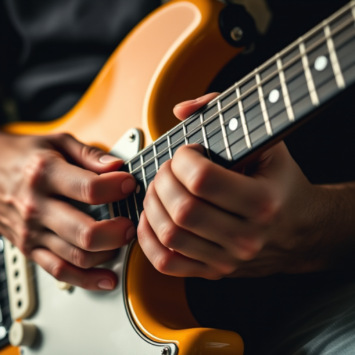 create an image of a close-up hand playing an electric guitar with a high contrast, use a 50mm lens, f/1.8 aperture, ISO 200, natural lighting, and a shallow depth of field to enhance details and focus on the guitar strings
