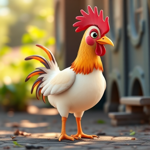 Generate a high-quality image of a cartoon chicken standing in a side view, using a DSLR camera at 50mm focal length, with an aperture of f/2.8 for a shallow depth of field, natural lighting, and a vibrant color palette.