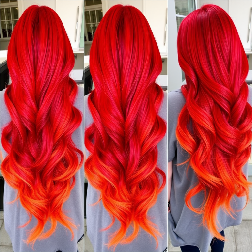 Fiery ombre locks transitioning from deep crimson roots to brilliant orange tips, reminiscent of a blazing sunset, dubbed "Phoenix Rising"