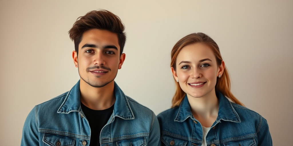 Portrait of a young couple in denim jackets against a soft, neutral background, captured with a Canon EOS R5, 50mm lens, aperture f/2.8, ISO 100, natural light, shallow depth of field for a dreamy effect.