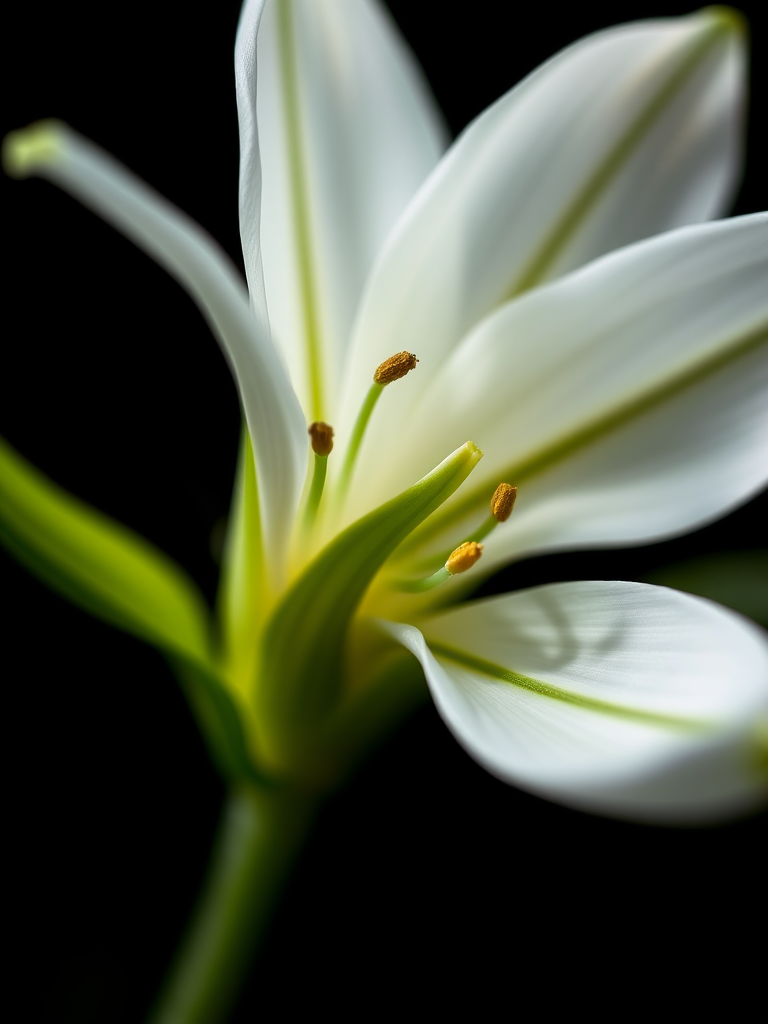 Close-up shot of a white flower with green accents on a black background, using a macro lens, aperture f/2.8, ISO 100, shutter speed 1/200 sec, Canon DSLR camera, soft diffused lighting for enhanced detail and clarity.
